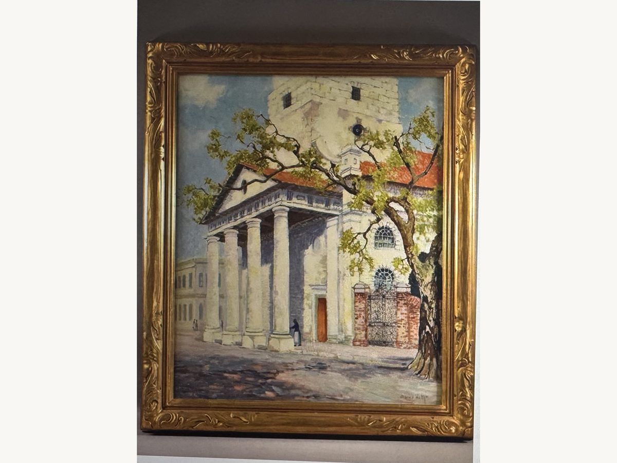 Alfred Hutty oil painting of a columned church on a sunlit street, in an ornate gilt frame