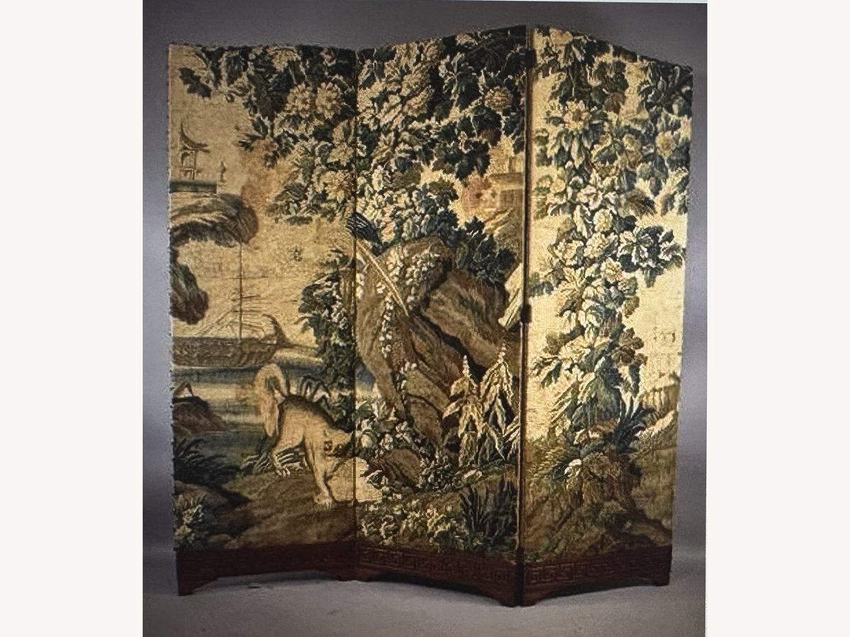 Billy Haines three-panel folding screen covered in a verdure tapestry of foliage and birds