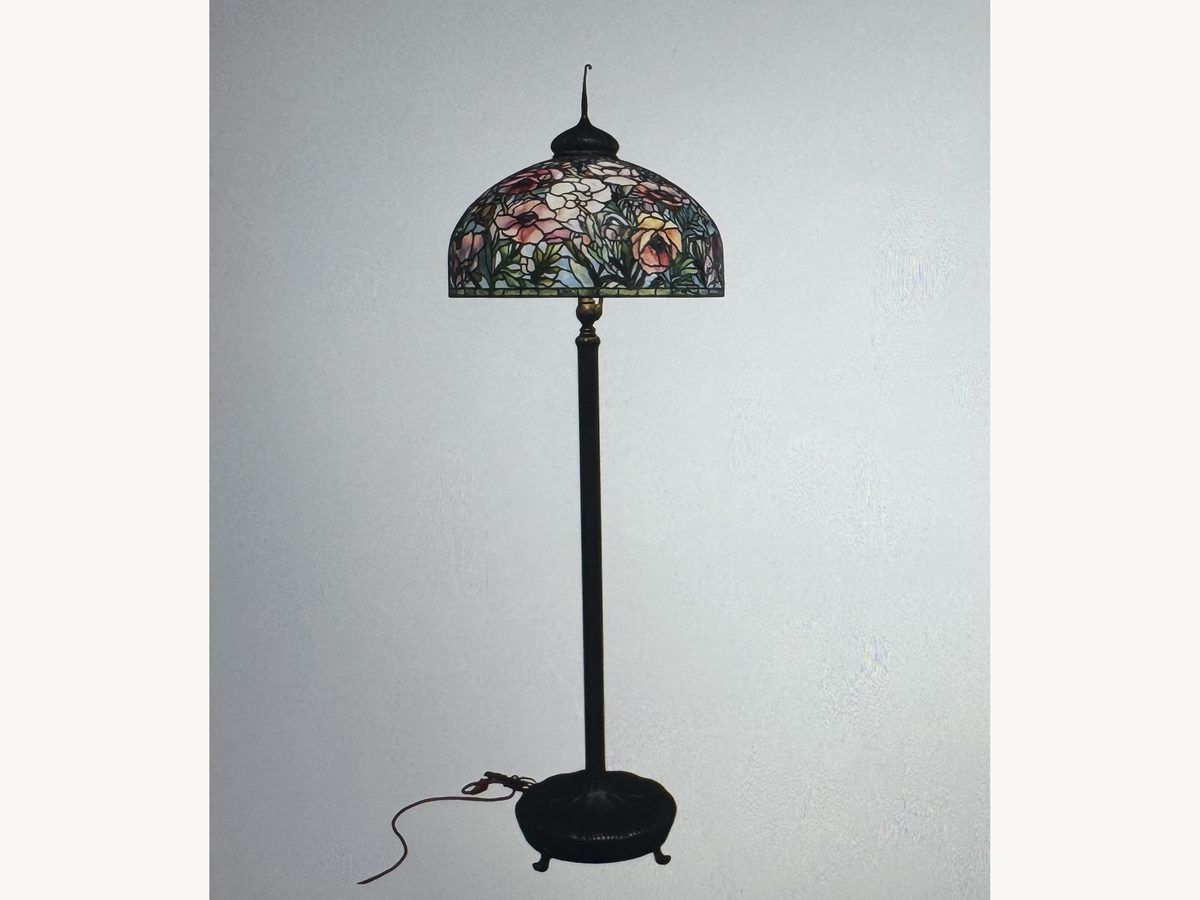 Buffalo Studios bronze floor lamp with a domed leaded-glass shade of pink flowers