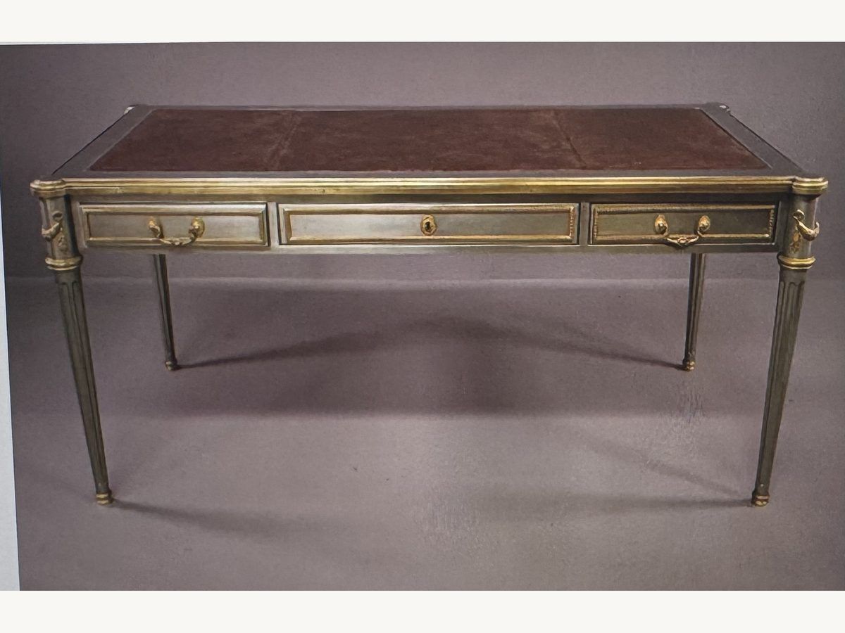 John Vesey neoclassical writing desk in stainless steel and bronze with a leather top and three drawers