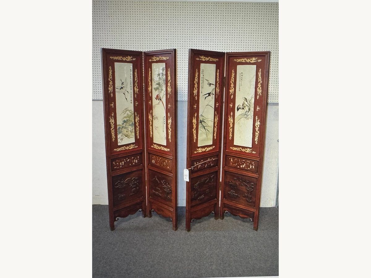 Four-panel carved rosewood Chinese floor screen with painted bird-and-flower panels, signed Liu Yuchen